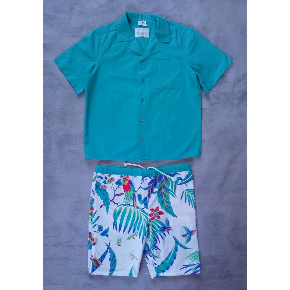 Vintage 90s Teal Shirt and Tropical Print Shorts Set HARPURS
